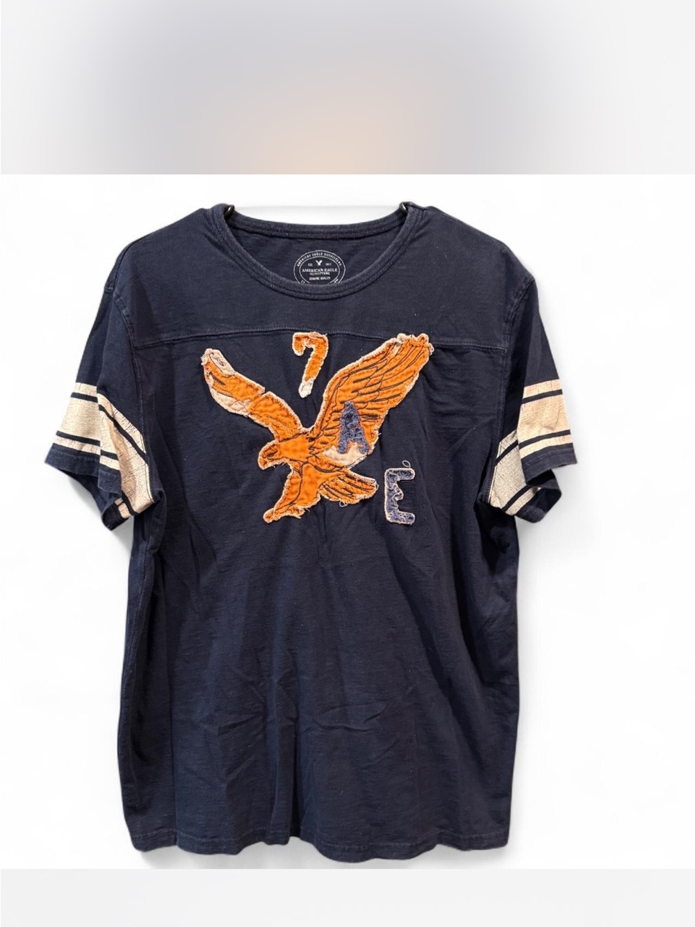 Y2K Navy Eagle Graphic Tee with Cream Stripe Sleeves